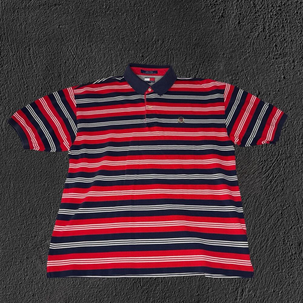 Vintage 90s Tommy Hilfiger Striped USA Colorway Crest Logo Polo